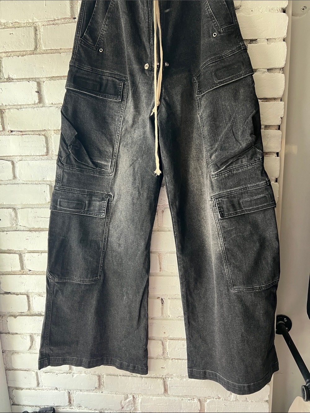 RICK OWENS Men's Black Cargo Work Pants with Drawstring Waist anime wide leg - Picture 3 of 14